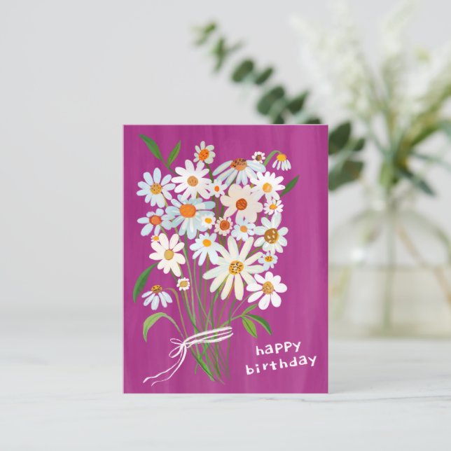Daisy Bouquet Happy Birthday Handpainted Magenta Postkarte (Stehend Vorderseite)