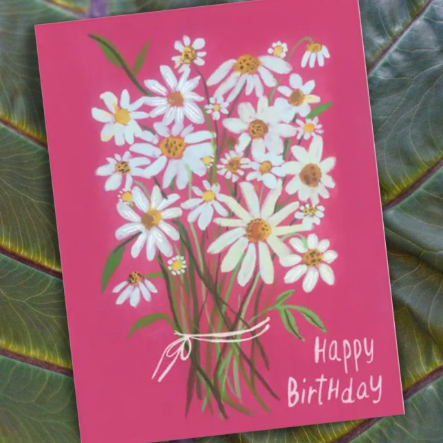 Daisy Bouquet Happy Birthday Pink handbemalt Postkarte (Von Creator hochgeladen)