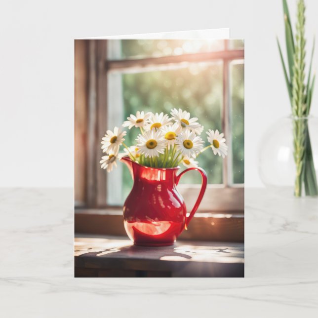 Daisy Bouquet in Red Pitcher denkt an Sie Karte (Vorderseite)