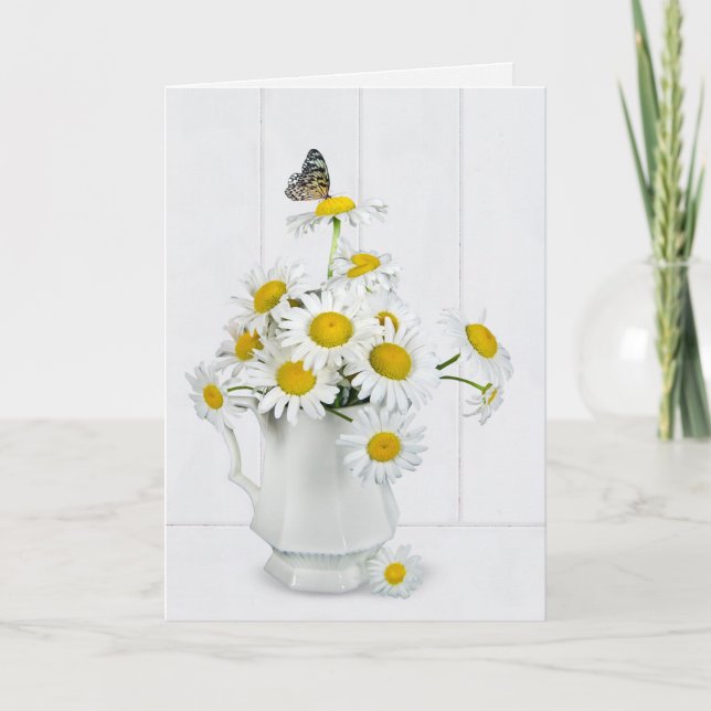 Daisy Bouquet mit Schmetterling auf weiß gekalktem Karte (Vorderseite)
