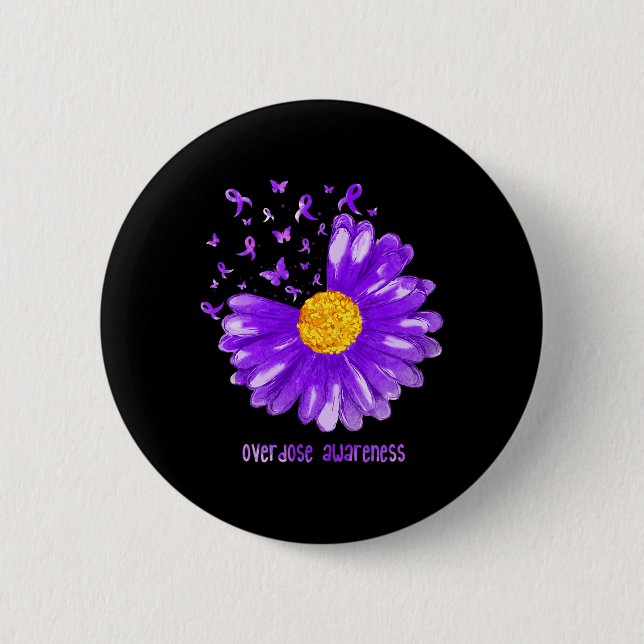 Daisy Butterfly Purple Ribbon Overdose Awareness Button (Vorderseite)