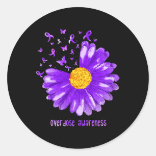 Daisy Butterfly Purple Ribbon Overdose Awareness Runder Aufkleber