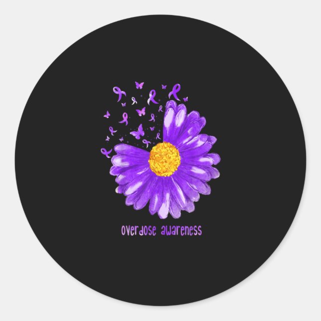 Daisy Butterfly Purple Ribbon Overdose Awareness Runder Aufkleber (Vorderseite)