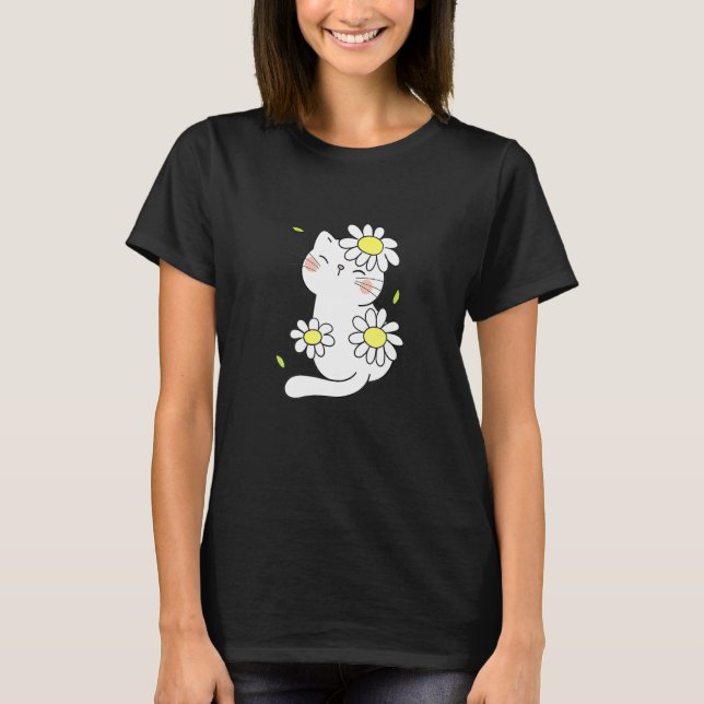 Daisy Cat Spring Floral Kitten mit Blume Tier T-Shirt (Vorderseite)