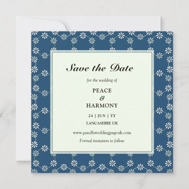 Daisy Chain Blue Pattern Square Save the Date Card (Vorderseite)