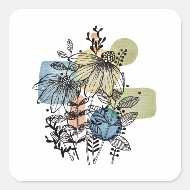 Daisy Doodle in Tinte und Wasserfarbe Quadratischer Aufkleber (Vorderseite)