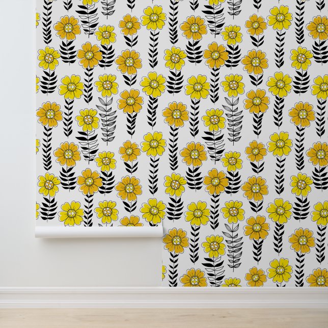 Daisy Doodles in Gelb und Schwarz Tapete (Anwendung)