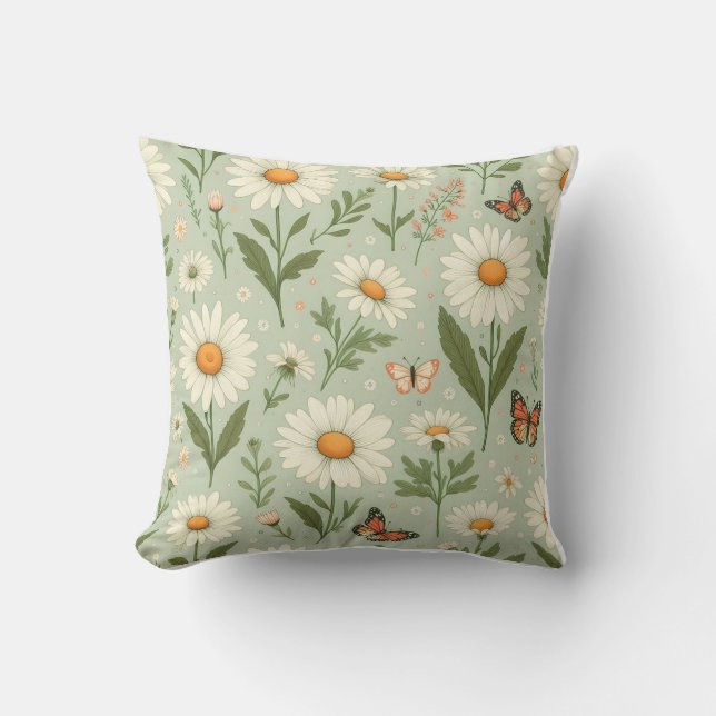Daisy Dreams – Floral & Butterfly Throw Pillow Kissen (Vorderseite)