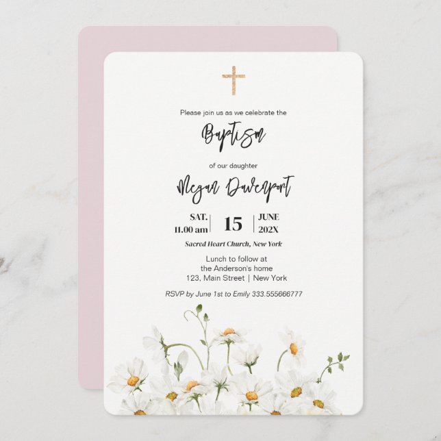 Daisy elegante Girl Baptisse Einladung (Vorne/Hinten)