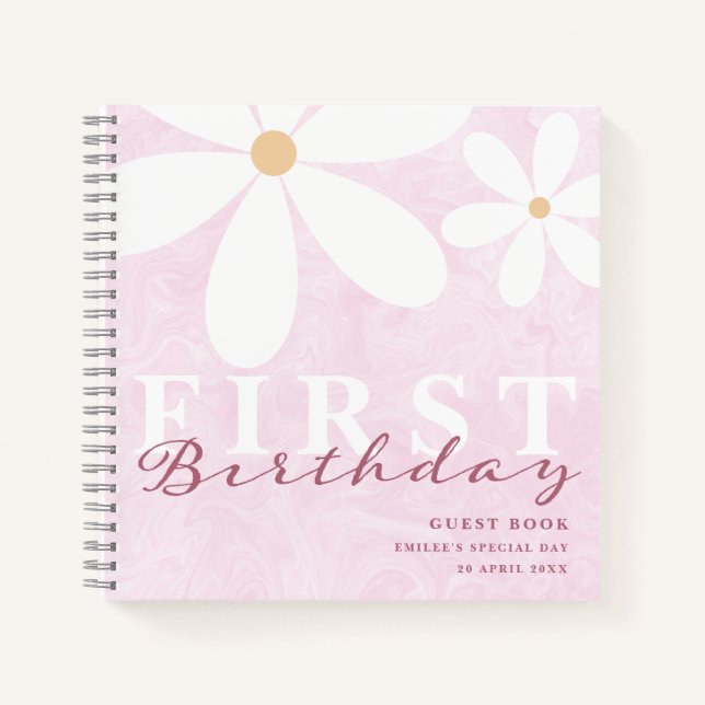 Daisy First Birthday Themed Partys Guest Book Pink Notizbuch (Vorderseite)