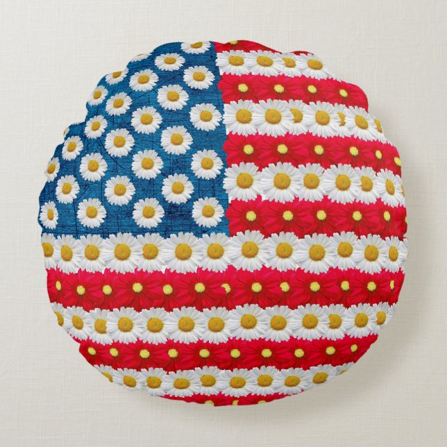Daisy Floral American Flag USA Throw Pillow Pouf Rundes Kissen (Vorderseite)
