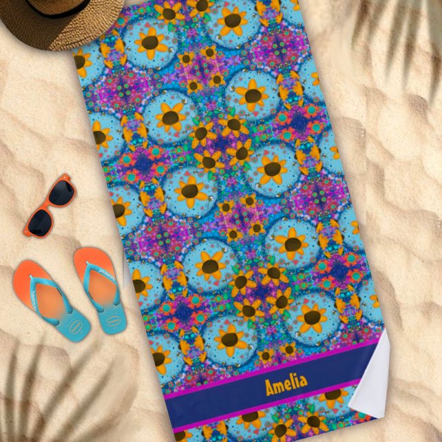 Daisy Floral Blue Individuelle Name Pattern Trendy Strandtuch (Von Creator hochgeladen)