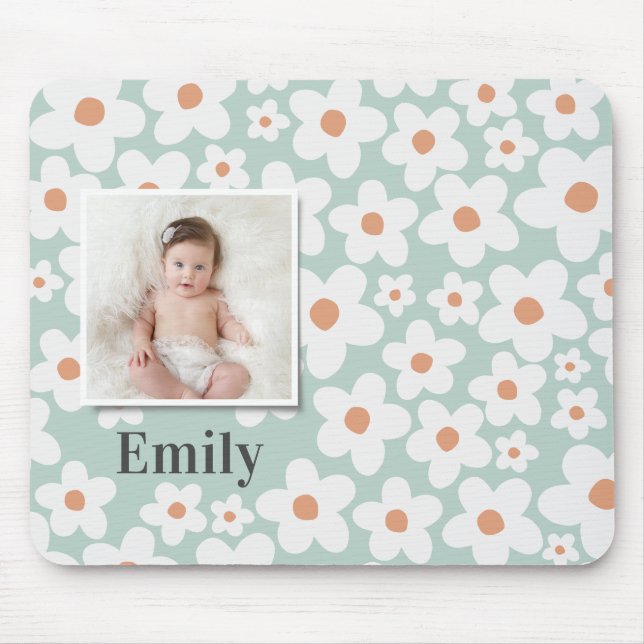 Daisy floral boho retro Foto türkis orange Mousepad (Vorne)