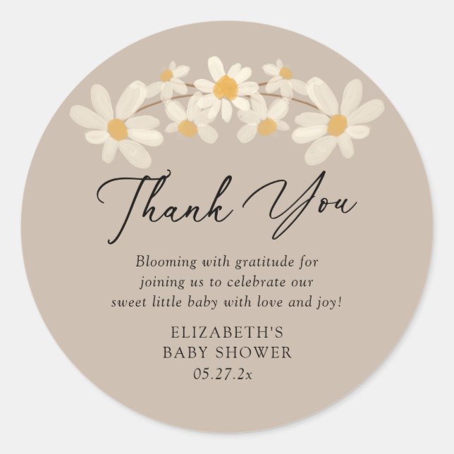 Daisy Floral Brown Babydusche Vielen Dank Runder Aufkleber (Vorderseite)