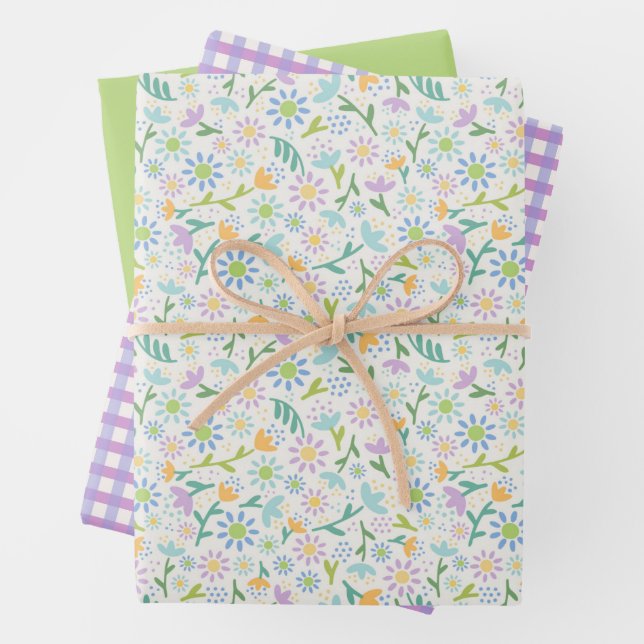 Daisy Floral & Lila Gingham Wrapping Paper Sheet Geschenkpapier Set (Beispiel)