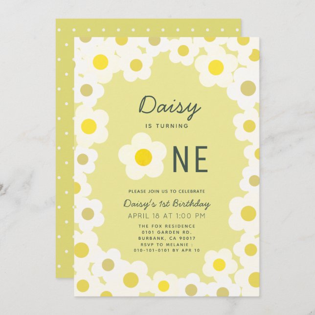 Daisy Floral Yellow 1. Geburtstag Einladung (Vorne/Hinten)