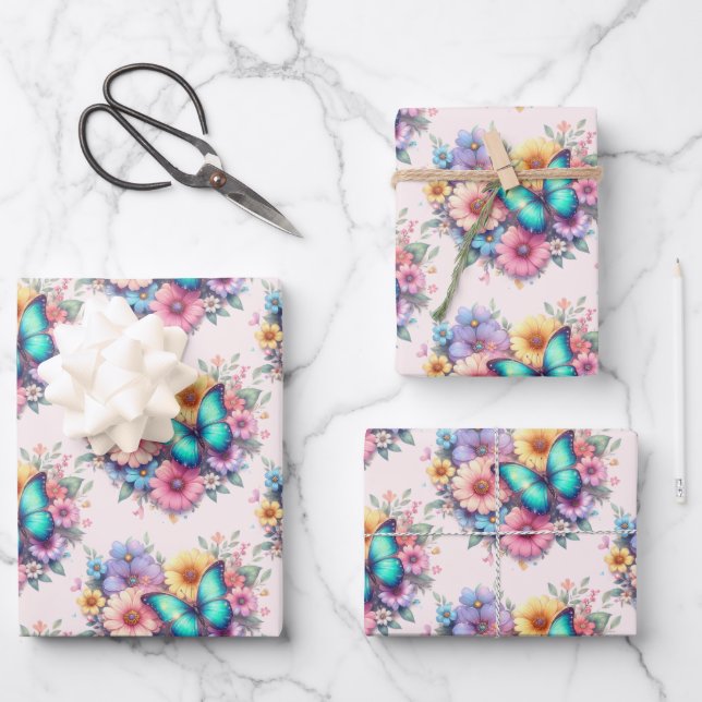 Daisy Flowers with a Beautiful Butterfly Pattern Geschenkpapier Set (Vorderseite)