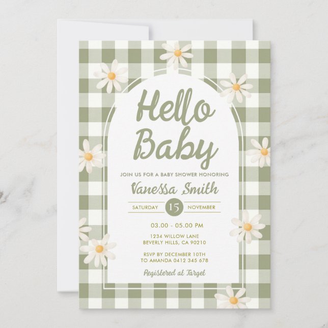 Daisy Gingham Hello Baby Shower Einladung (Vorderseite)