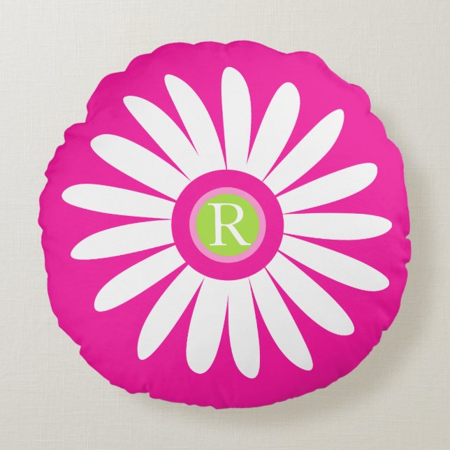 Daisy Grafik Blume Monogramm Wurfkissen Rundes Kissen (Vorderseite)