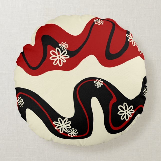 Daisy Groove - Red & Cream Rundes Kissen (Vorderseite)