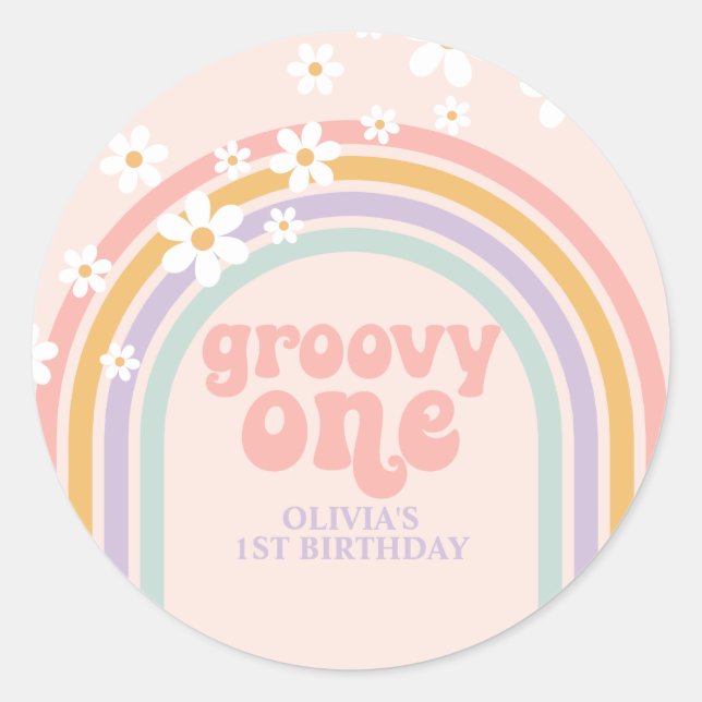 Daisy Groovy One Pastel Regenbogen zum ersten Gebu Runder Aufkleber (Vorderseite)