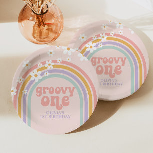 Daisy Groovy One Pastell Regenbogen erster Geburts Pappteller