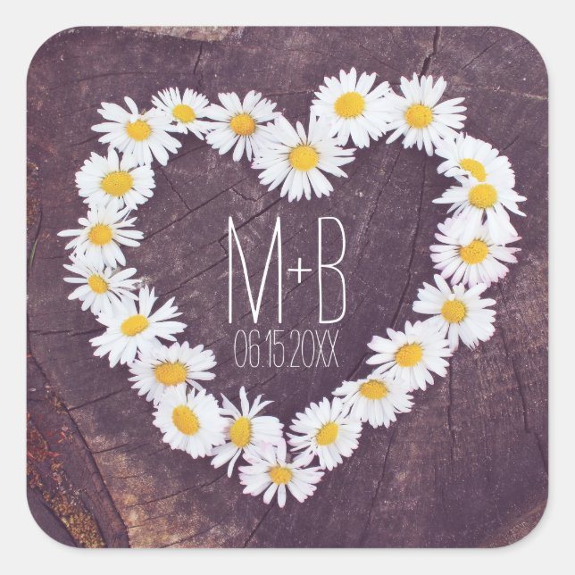 Daisy Heart Rustic Custom Wedding Favor Stickers (Vorderseite)