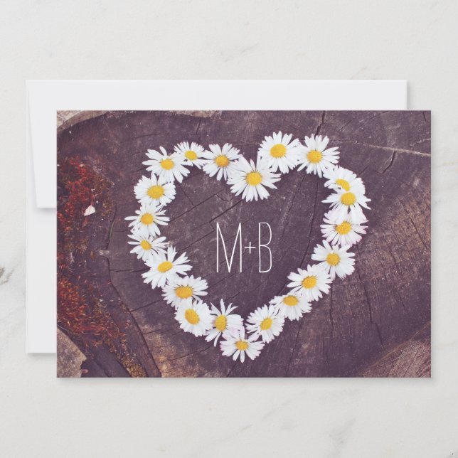 Daisy Heart Rustic Wood Country Wedites Einladung (Vorderseite)
