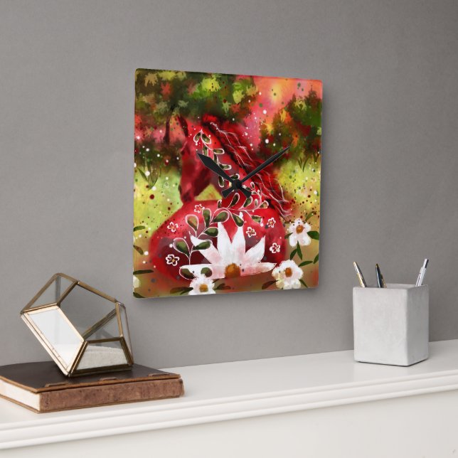 Daisy Horse Abstrakt Art Red White Green Quadratische Wanduhr (Büro)