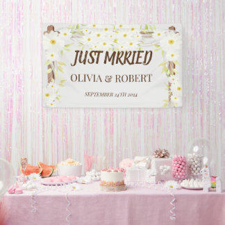 Daisy Just heiratete Hochzeitsfeier Holzblumen Banner
