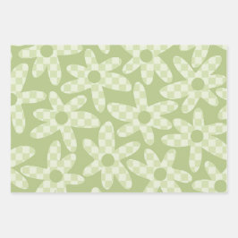 Daisy Karo Sage Green Retro Modernes Muster Geschenkpapier Set