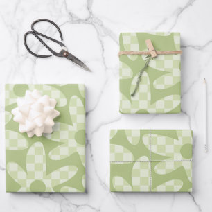 Daisy Karo Sage Green Retro Modernes Muster Geschenkpapier Set