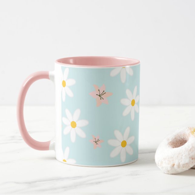 Daisy Lilie Blume Muster auf Meeresdrehmoment Hint Tasse (Mit Donut)