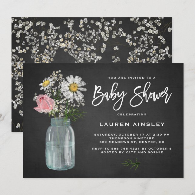 Daisy Mason Jar Rustic Chalkboard Baby Shower Einladung (Vorne/Hinten)