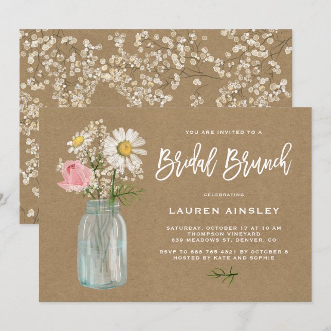 Daisy Mason Jar Rustic Kraft Paper Bridal Brunch Einladung (Vorne/Hinten)