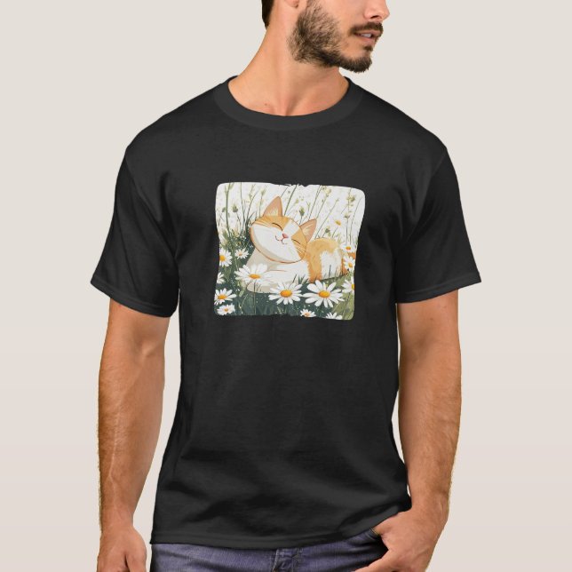 Daisy Meadow with Cat in Summer for Boys and Girls T-Shirt (Vorderseite)