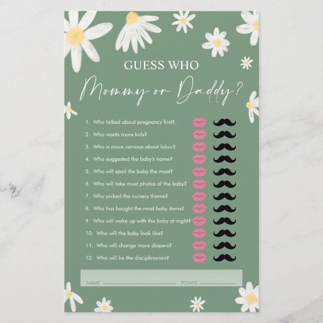 Daisy Mommy oder Daddy, Sage Green Guest Who Game (Vorderseite)