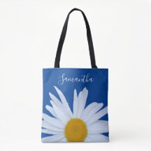 Daisy Ocean Blue White Script Tote Bag
