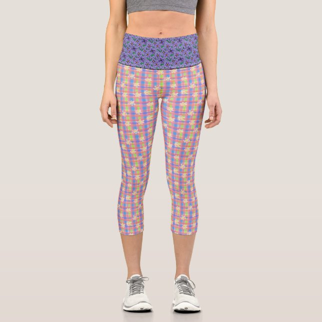 Daisy Pastel Kariert Mixed Print Capri Leggings (Vorderseite)
