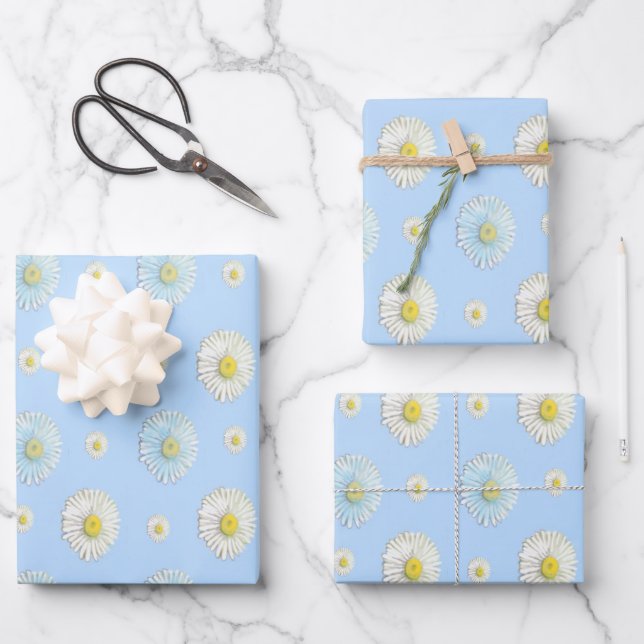 Daisy Pattern auf hellblauem Hintergrund Geschenkpapier Set (Vorderseite)