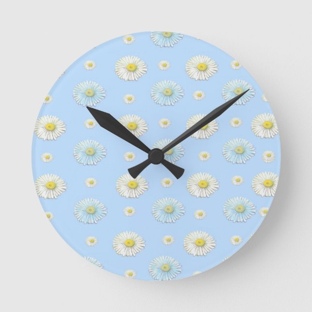 Daisy Pattern auf hellblauem Hintergrund  Runde Wanduhr (Vorderseite)