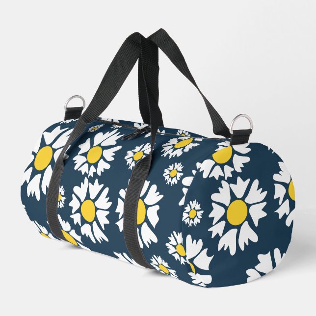 Daisy Pattern, Blumenmuster, weiße Daisien Duffle Bag (Linke Seite)