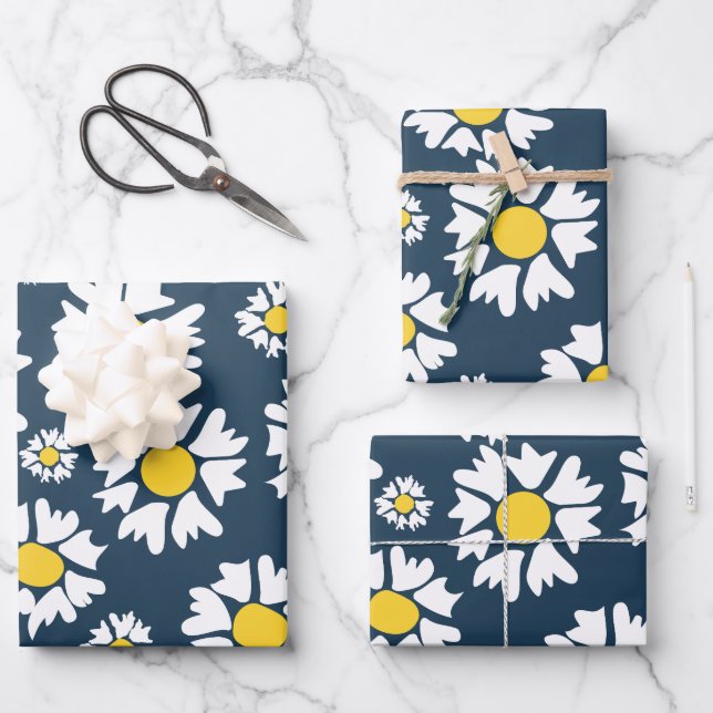 Daisy Pattern, Blumenmuster, weiße Daisien Geschenkpapier Set (Vorderseite)