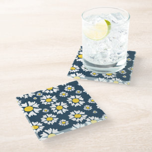 Daisy Pattern, Blumenmuster, weiße Daisien Glasuntersetzer