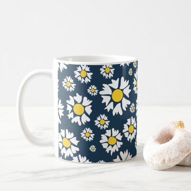 Daisy Pattern, Blumenmuster, weiße Daisien Kaffeetasse (Mit Donut)