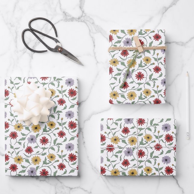 Daisy Pattern Doodle Pen and Ink Style Geschenkpapier Set (Vorderseite)