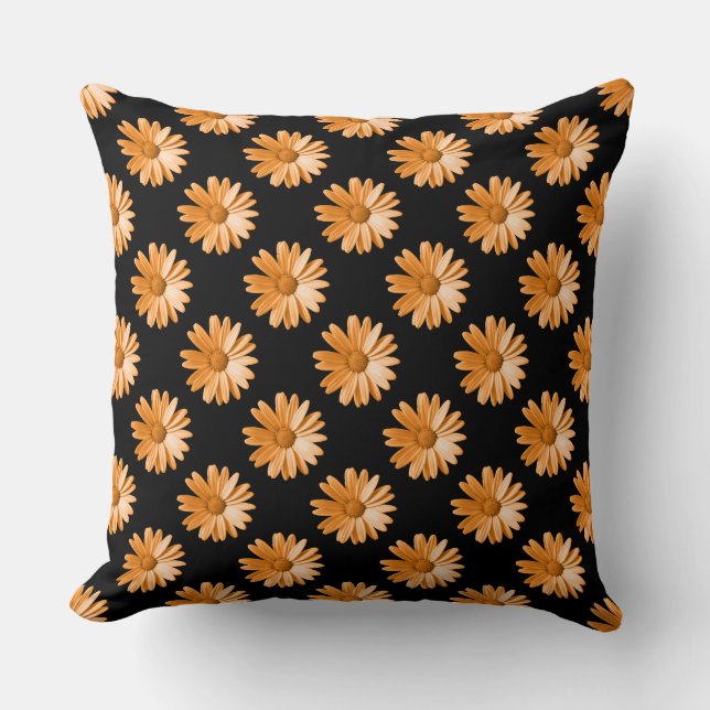 Daisy Pattern - Light Orange auf Black Kissen (Vorderseite)