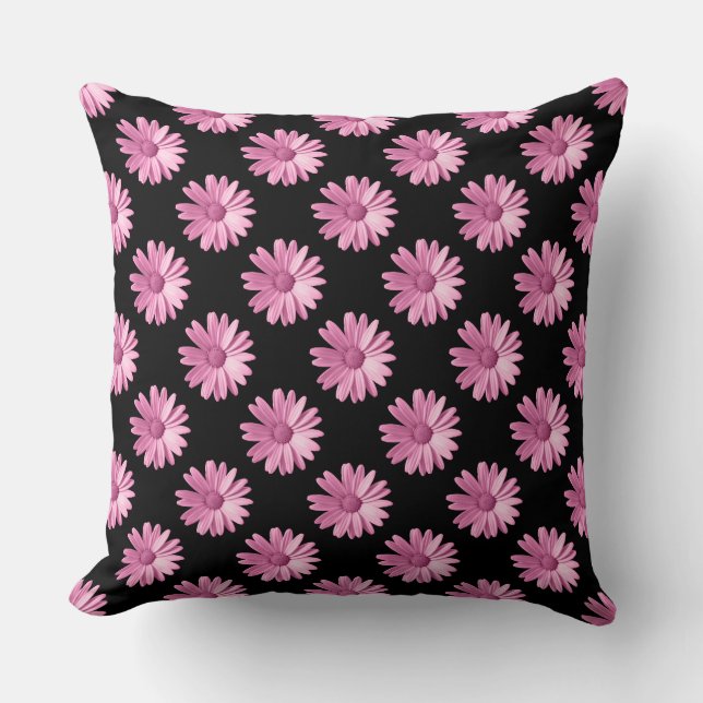 Daisy Pattern - Rosa auf Schwarz Kissen (Vorderseite)