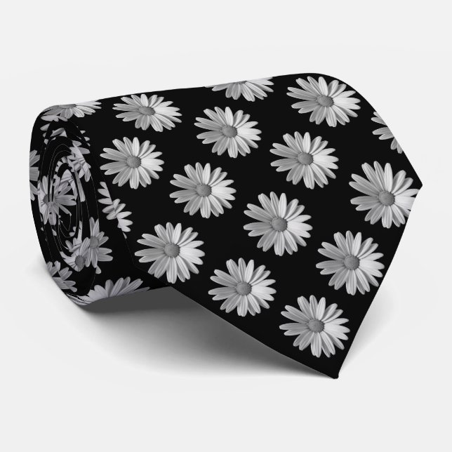 Daisy Pattern - Schwarz und Weiß Krawatte (Gerollt)