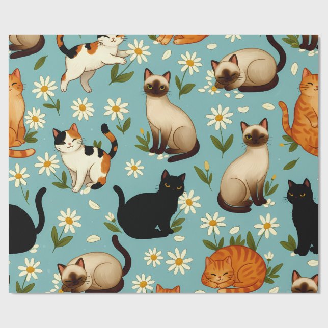 Daisy Paws Parade – Playful Cats & Blooms Geschenkpapier (Flach)